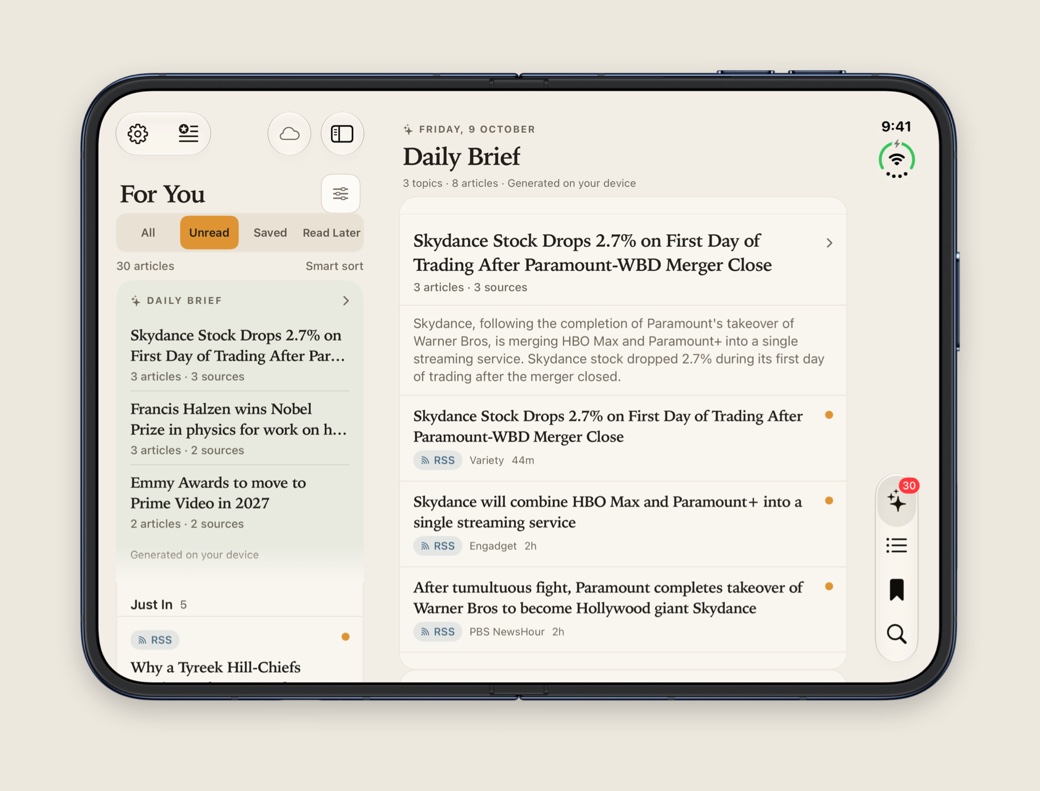 TechnoDaily on iPhone Duo, open: For You on the left, the Daily Brief full size on the right
