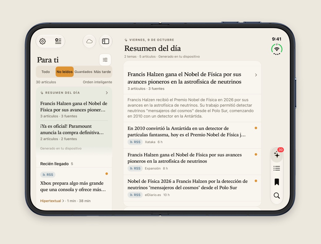 TechnoDaily en el iPhone Duo abierto: Para ti a la izquierda, el Resumen del día en grande a la derecha