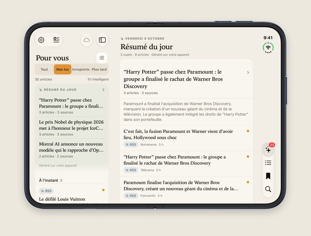 TechnoDaily sur iPhone Duo ouvert : Pour vous à gauche, le Résumé du jour en grand à droite