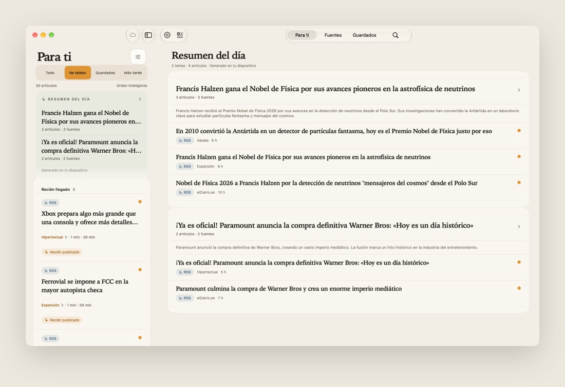 La app de Mac de TechnoDaily: Para ti y el Resumen del día