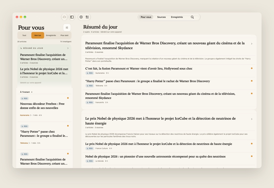 L'app Mac TechnoDaily : Pour vous et le Résumé du jour
